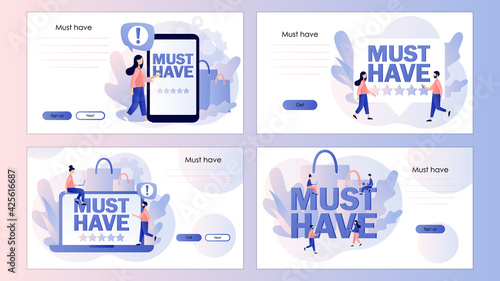 Must have. Online shopping. Advertising and E-commerce concept. Tiny people buy most necessary things. Screen template for landing page, template, ui, web, mobile app, poster, banner, flyer. Vector 