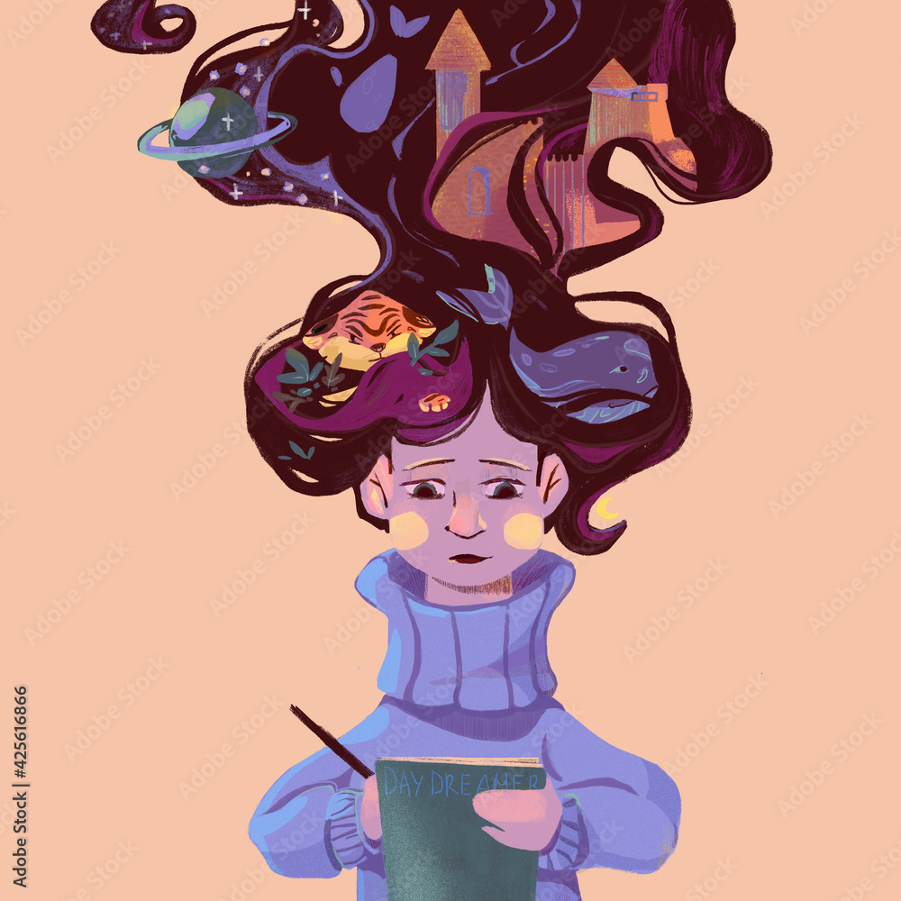 The image of a dreamer girl in a blue sweater with a notebook and a pen in her hands, long brown hair rising up, her hair depicts different dreams and desires of the girl.Pink background,pastel colors The image of a dreamer girl in a blue sweater with a notebook and a pen in her hands, long brown hair rising up, her hair depicts different dreams and desires of the girl.Pink background,pastel colors