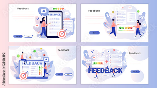 Feedback concept. Customer survey, review and opinion. Tiny people leave feedback in online service. Screen template for landing page, template, ui, web, mobile app, poster, banner, flyer. Vector 