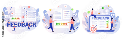 Feedback concept. Customer survey, review and opinion. Tiny people clients leave feedback in online service. Modern flat cartoon style. Vector illustration on white background