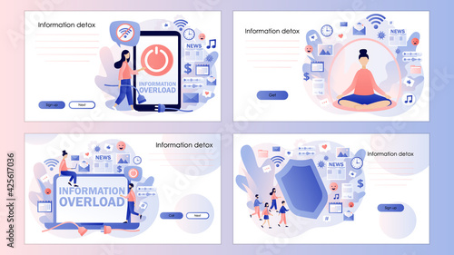 Information detox. Tiny people protect themselves from information overload. Digital detox and meditation.Screen template for landing page, template, ui, web, mobile app, poster, banner, flyer. Vector