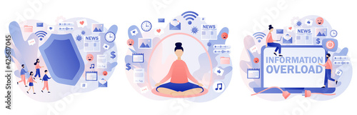 Information detox. Information overload concept. Tiny people protect themselves from unnecessary info. Digital detox and meditation. Modern flat cartoon style. Vector illustration on white background photo