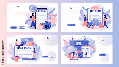 Nutrition diet. Diet plan with healthy food and physical activity. Nutritionist online. Screen template for landing page, template, ui, web, mobile app, poster, banner, flyer. Vector illustration