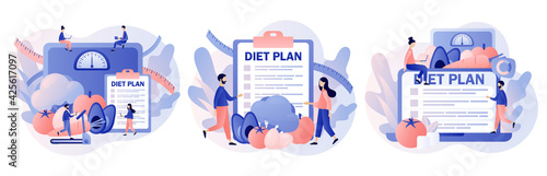 Nutrition diet. Diet plan with healthy food with vegetables, fruit and physical activity. Nutritionist online. Modern flat cartoon style. Vector illustration on white background