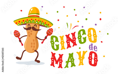 Vector illustration of peanut in sombrero for Cinco de mayo festival.