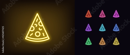Neon pizza slice icon. Glowing neon pizza sign, outline silhouette