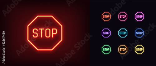 Neon stop icon. Glowing neon stop sign with text, outline silhouette