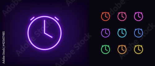 Neon time icon. Glowing neon clock sign, outline alarm silhouette