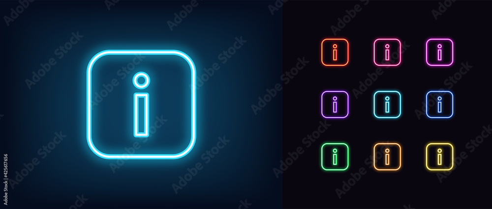 Neon info icon. Glowing neon information sign, outline inform silhouette - obrazy, fototapety, plakaty 