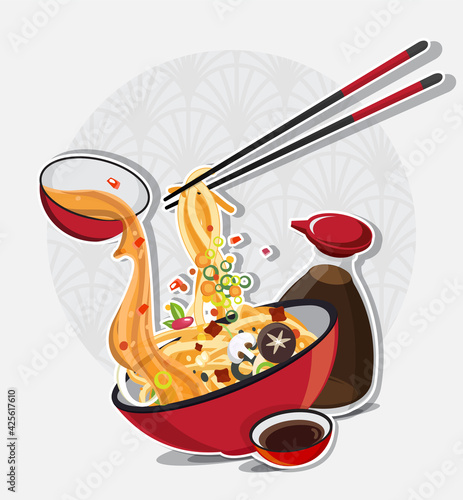 Asian Noodle Soup in Bowl, Asian Food, Vector illustration