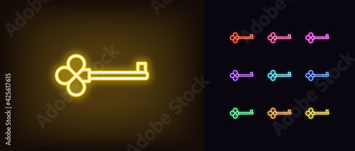 Neon key icon. Glowing neon key sign, outline magic clue, silhouette