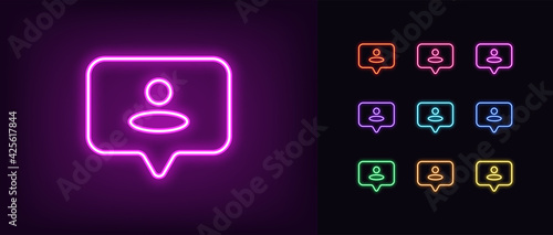 Neon user icon. Glowing neon bubble sign with person, outline helper silhouette