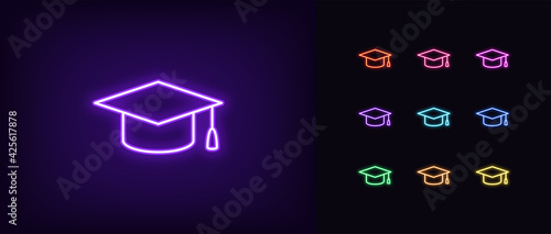 Neon academic hat icon. Glowing neon education sign, outline mortarboard pictogram