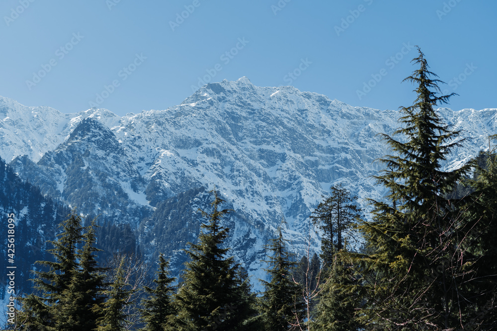 Mountain peak covered by snow as seen from the Solang Valley in Manali, Himachal Pradesh, India