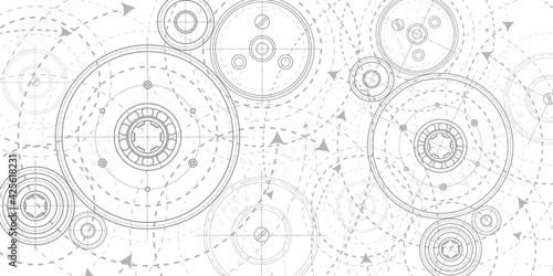 Technology background .Technical drawing of gears .Engineering concept.Rotating mechanism of round parts .Geometric rhombuses. Vector illustration