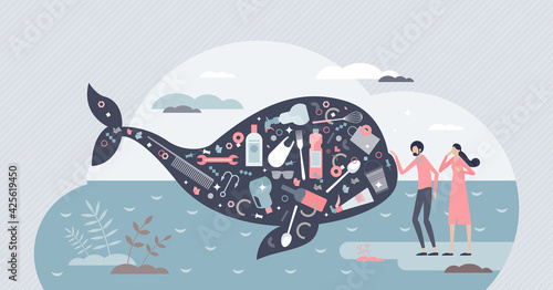 Ocean pollution and plastic concentration as whale danger tiny person concept