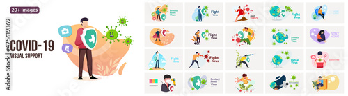 COVID-19 Visual Support illustrations. Mega set. Collection of scenes with Fight Virus, Social Distancing, Vaccine Coronavirus, Stay Home, and Quarantine .Trendy vector style