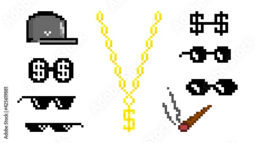 Rapper accessories pixel icon set. Stylish cap with glasses dollars and smoking cigarette stylish gold chain symbol black vector art.
