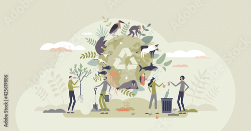 Biodiversity and natural species environmental protection tiny person concept