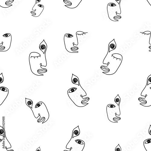 Abstract faces pensive and sleeping linear people seamless pattern. Contour portraits drawn with one black line of beautiful characters with closed and third eyes looking into vector distance.