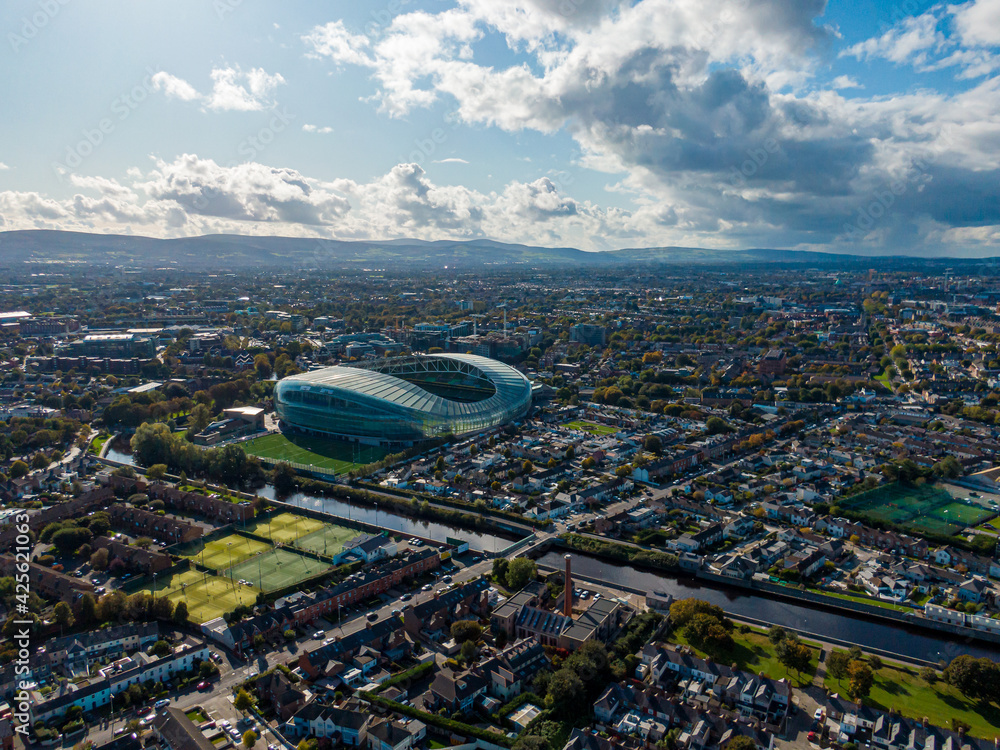 Naklejka premium Aerial view on the channel part of Dublin near the port at the autumn