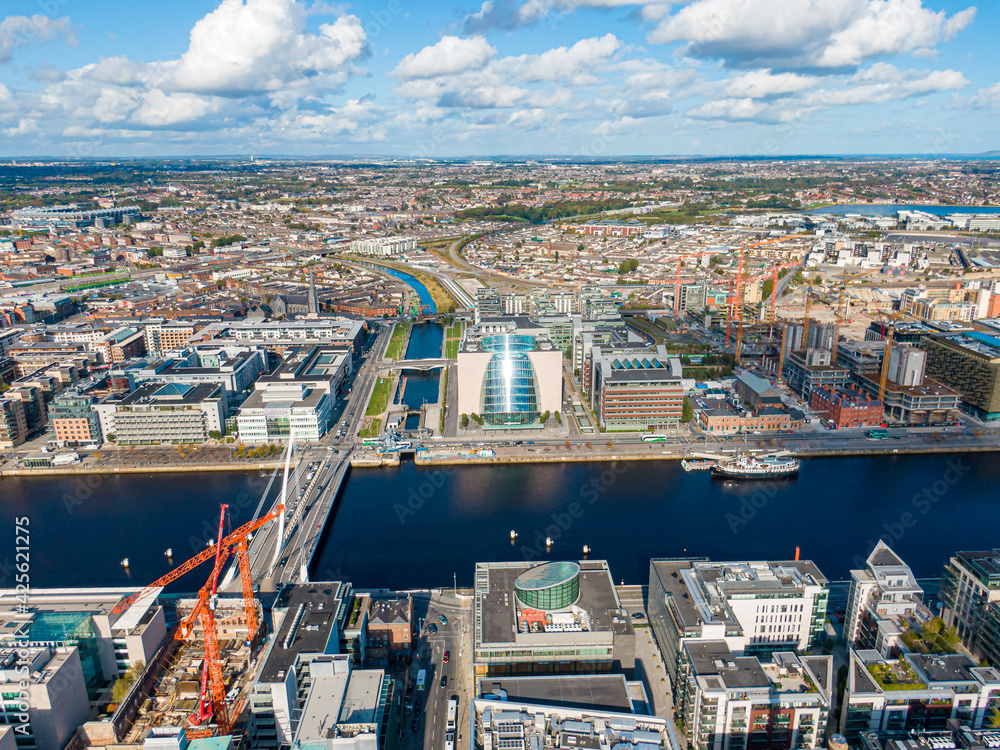 Fototapeta premium Aerial view on the channel part of Dublin near the port at the autumn
