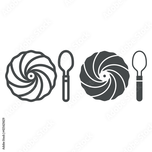 Creme brulee line and solid icon, french food concept, custard cream vector sign on white background, cookies with spoon outline style for mobile concept and web design. Vector graphics.