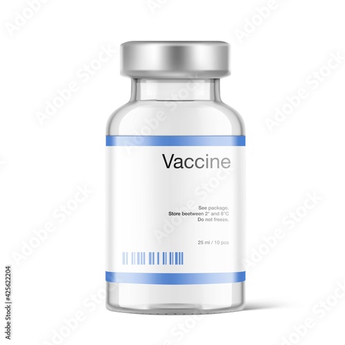 Transparent glass bottle for vaccine injections mockup. Vector illustration isolated on white background. Can be use for medicine, cosmetic and other. Ready for your design. EPS10.	