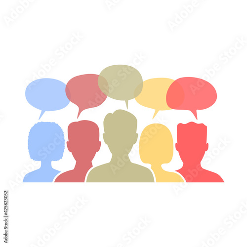 People communication symbol. Brainstorming concept. Discussion with chat bubbles people colorful silhouettes. Men and women talking together. Vector isolated on white