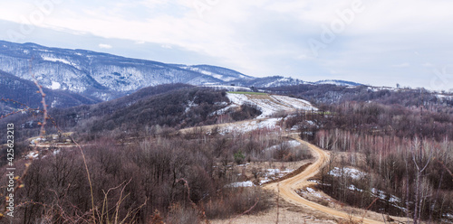  Panoramic View of the Nature Landscape. Winter day. Mountain range in eastern Serbia. Homolje Mountains