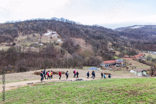 Hiking Group Of People Walking In Nature