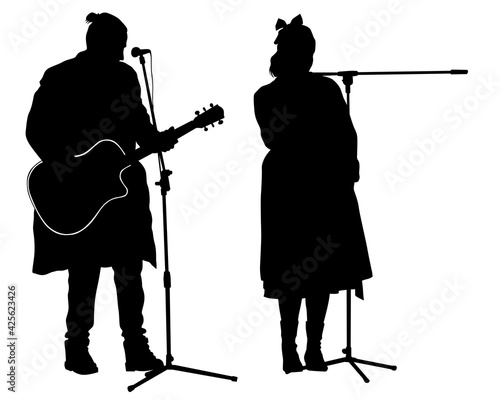 Man whit guitar perform on stage. Isolated silhouettes of people on a white background