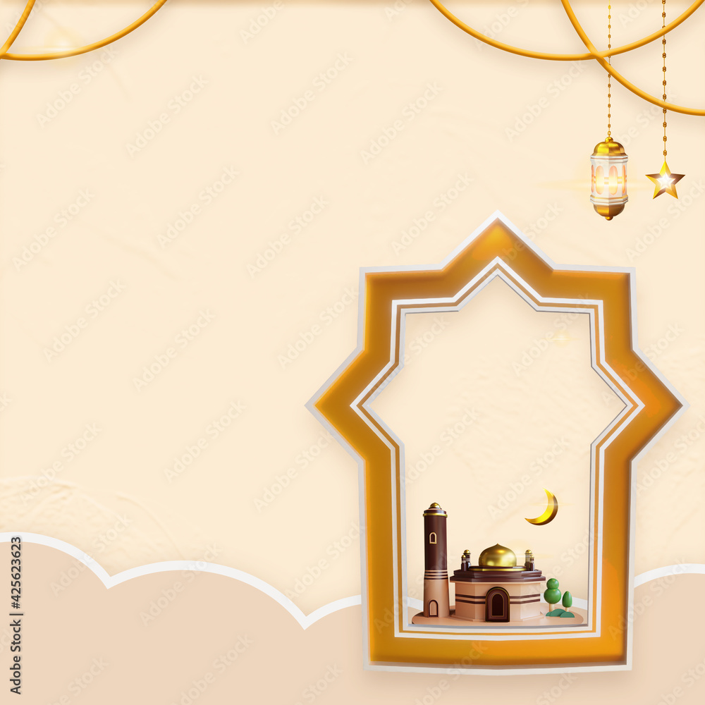 3d Ramadan kareem eid mubarak festival card with lantern decoration. 3D image rendered