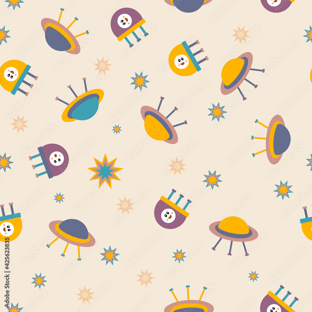 UFO pattern for kids. Rockets, stars and planets for children. Space background. Universe, galaxy and meteorites, asteroids. Seamless background for baby.