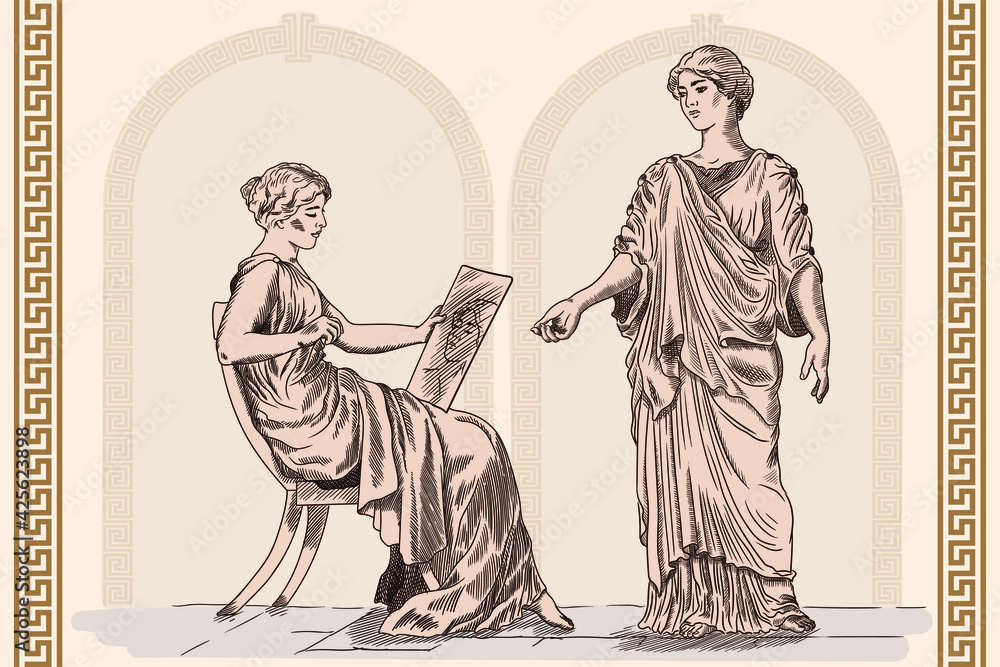 Fototapeta premium Two ancient Greek women talk to each other. A young slender woman in an ancient Greek tunic sitting on a chair and looking at his reflection in the mirror.