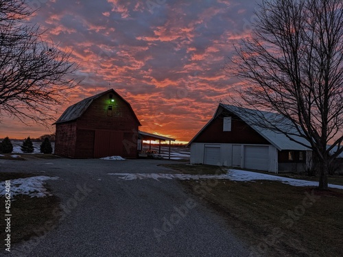 Iowa sunrise with barns