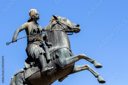 close-up of the equestrian statue of George Karaiskakis in Athens, Greece. He was General of the Greek Revolution of 1821. Sunny day with blue sky