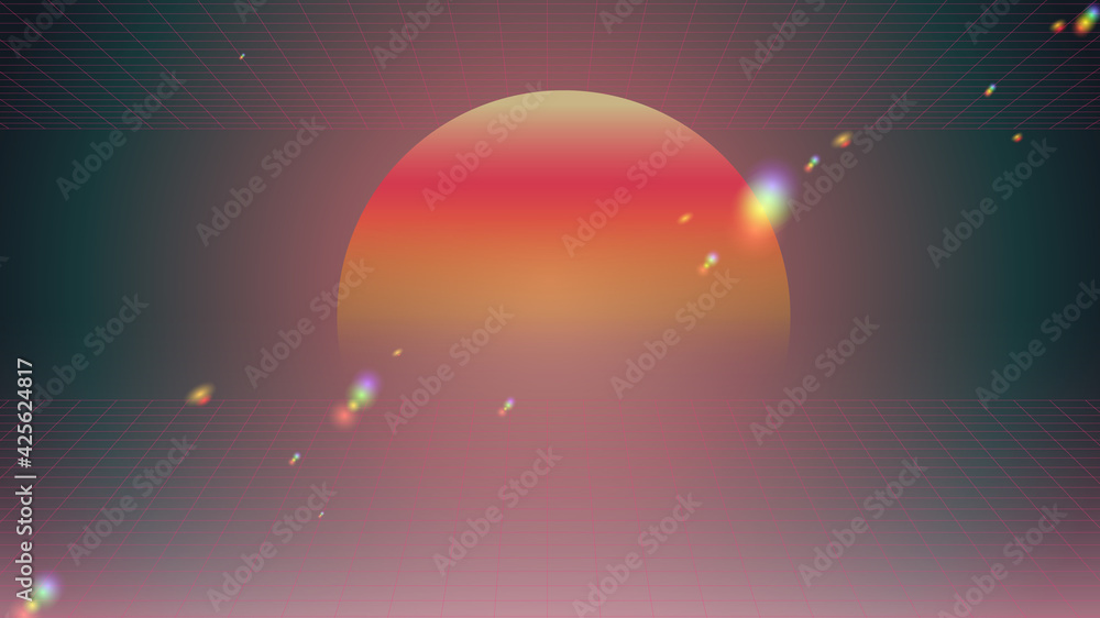 Retrowave space sunset scene with laser perspective grid and rainbow light flare effect, tint neon glow gradient background template, 80s techno aesthetic feeling