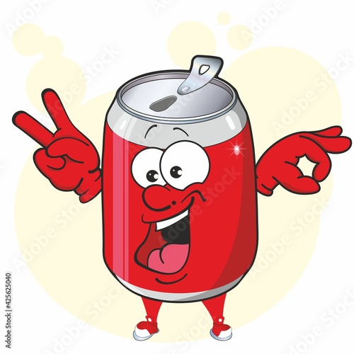 Aluminum can cartoon mascot. Image of funny red can of fizzy drink. Drink, soda, cola, beer.