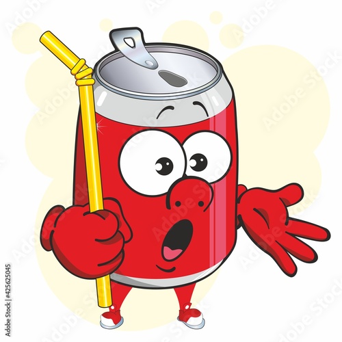 Aluminum can cartoon mascot. Image of funny red can of fizzy drink. Drink, soda, cola, beer.