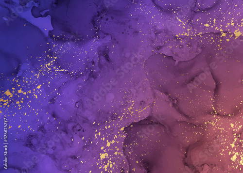 Space background. Modern abstract luxury design or card template or wallpaper or poster with purple watercolor waves or fluid art in alcohol ink style with golden splashes.