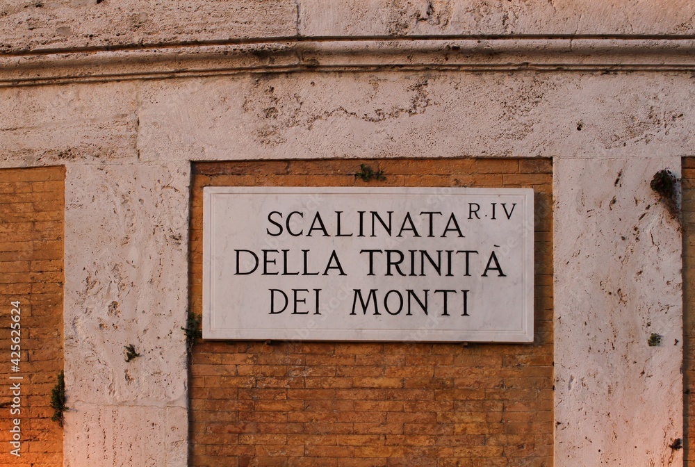 Marble plaque on the famous square in Rome: stairway of the Trinità dei Monti, quarter quarter. Marble plaque on the famous square in Rome: stairway of the Trinità dei Monti, quarter quarter.