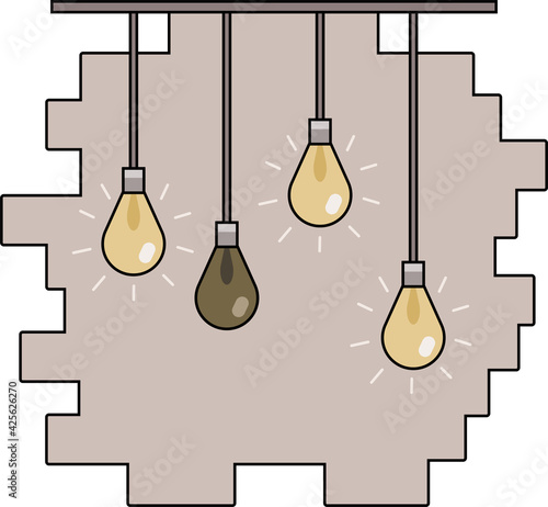Isolated four bulb lamp with warm light and bricks wall behind it in loft style