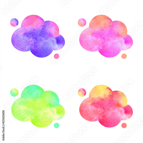 Colorful watercolor vector clouds and dots set. Graphic design elements collection. Colourful watercolour stains figured text backgrounds, frames or banners. Speech bubbles templates.