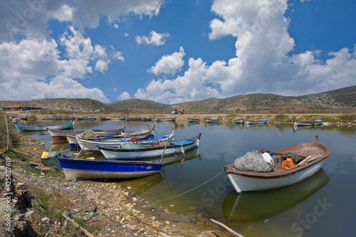  Ayd  n - Turkey 03.April .2021  Ser  in village. Fishing boats waiting in the creek at lake bafa