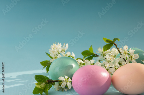 Easter eggs and blossoming branches in the rays of the spring sun on a blue background. Postcard with place for your text