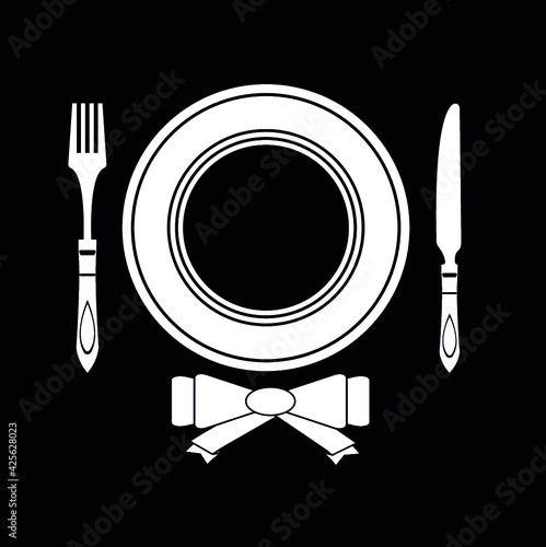 Restaurant menu black white icon Plate with fork knife