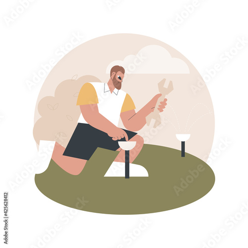 Lawn watering system abstract concept vector illustration. Lawn sprinkler system, irrigation, garden hose, automate watering, electronic timer, pop-up sprinkler, landscaping abstract metaphor.
