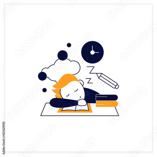 School procrastinating flat icon.Unnecessarily postpone dealing tasks. Sleep at lesson. Tired person.Overload concept. Vector illustration