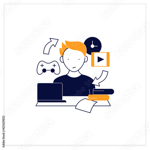 Procrastination habit flat icon. Routine procrastinating process. Day plan. Daily habits. Overload concept. Vector illustration